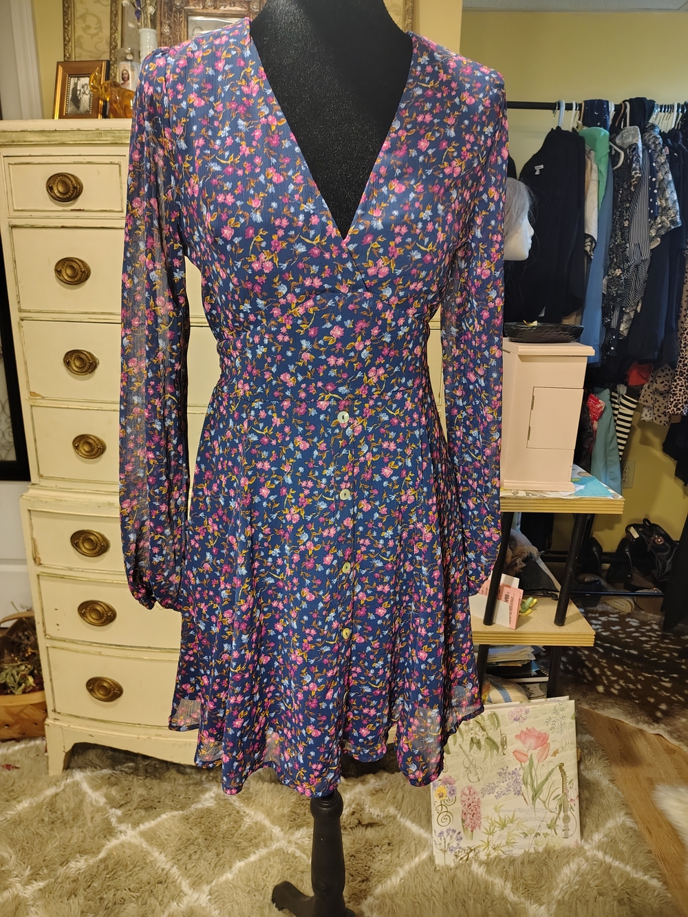 Altar'd State Navy Floral V‑Neck Long Sleeve Dress with Pink & Yellow Blooms